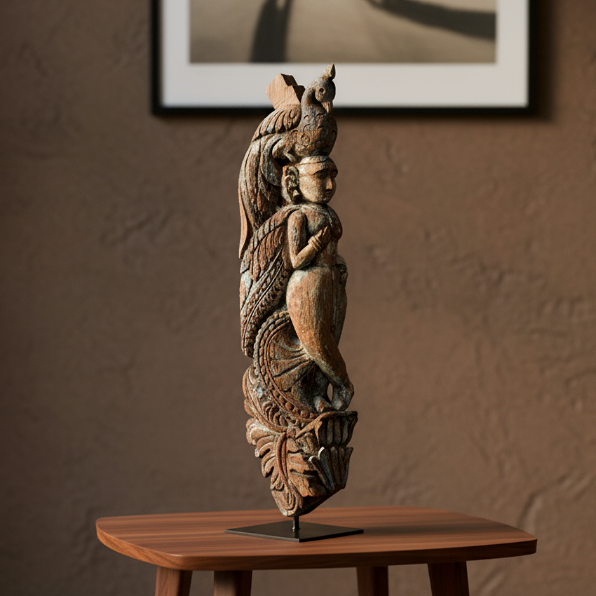 ANGEL AND HER PEACOCK - VINTAGE TEAK STATUE ON STAND