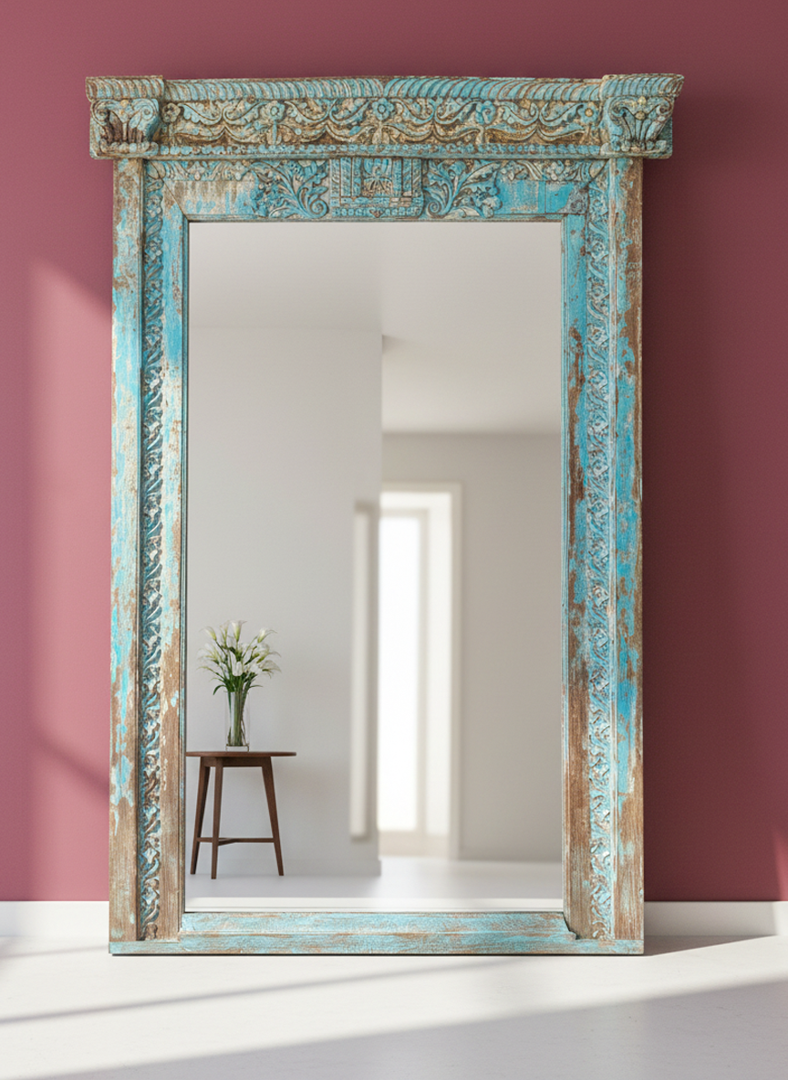 TURQUOISE VINTAGE MIRROR WITH ORNATE FLORAL CRESTING
