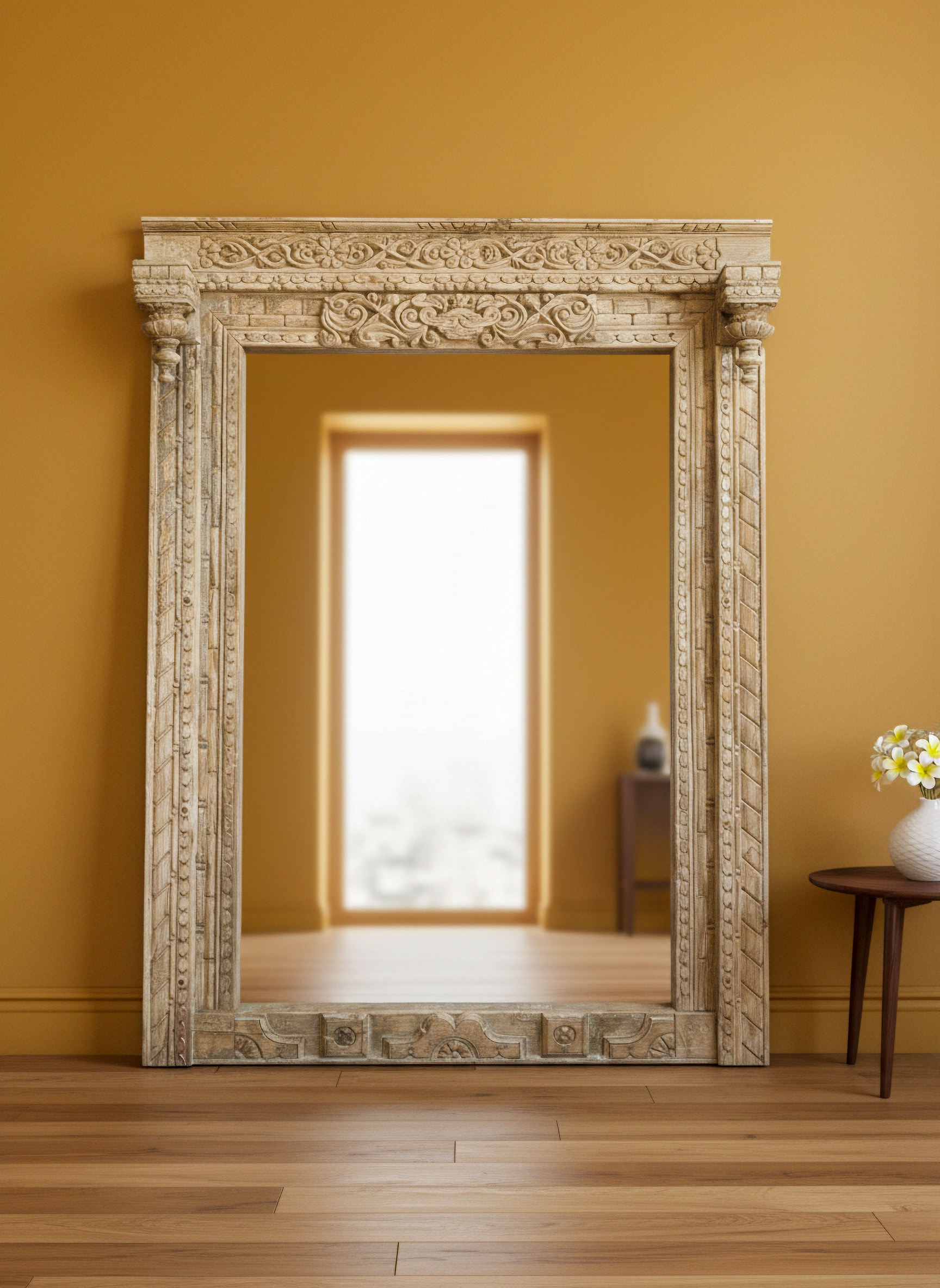CARVED IVORY MIRROR WITH ORNATE PILLAR DETAILING